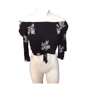 La Hearts Black Off-Shoulder Top with White Embroidery